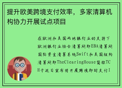 提升欧美跨境支付效率，多家清算机构协力开展试点项目